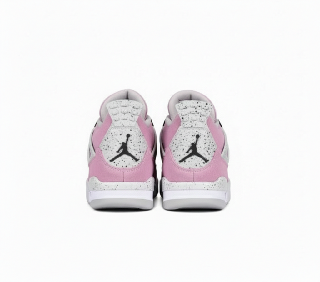 Pink and white sneakers with a black logo on a white background