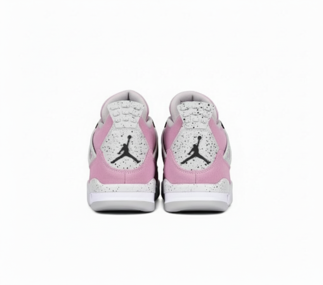 Pink and white sneakers with a black logo on a white background