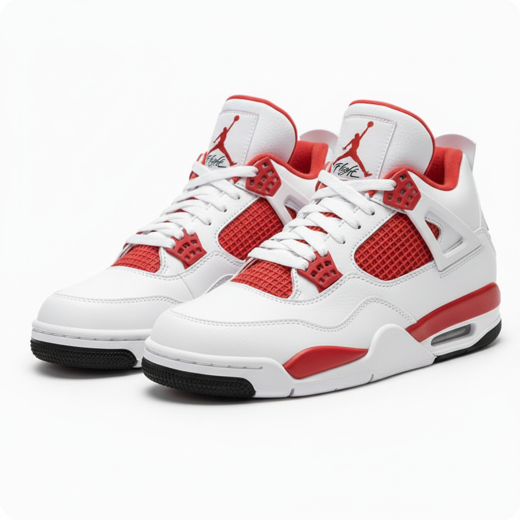 White sneakers with red and black accents on a white background