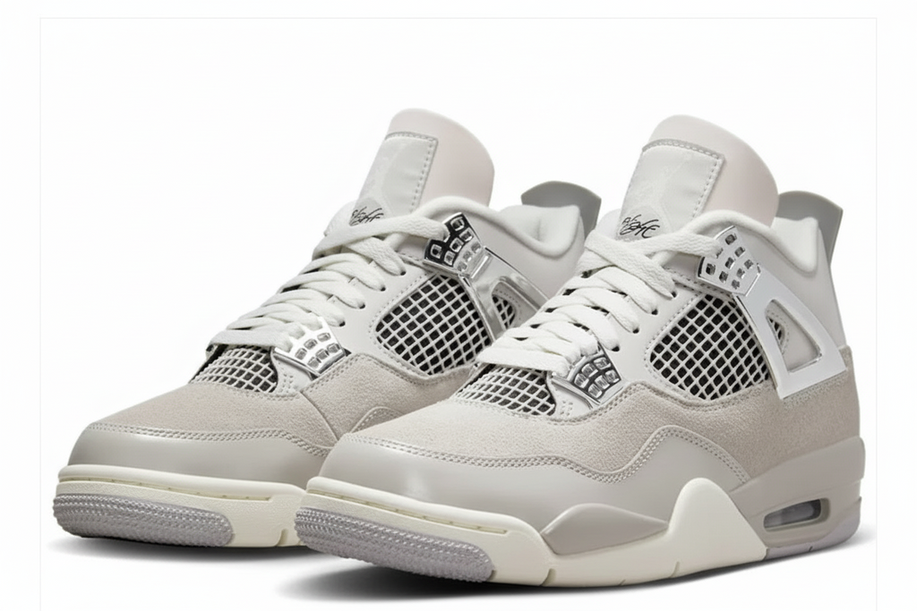 Pair of light gray sneakers with white accents on a white background