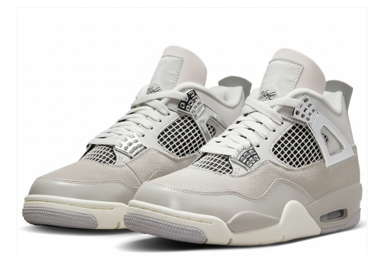 Pair of light gray sneakers with white accents on a white background