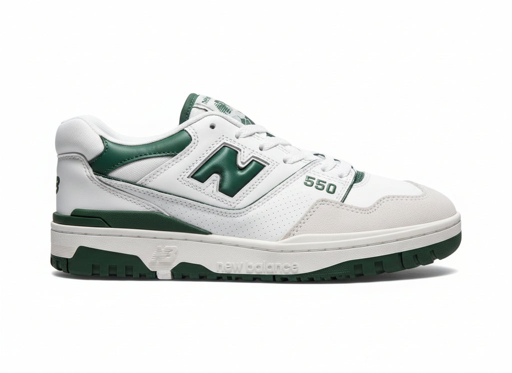 White and green sneaker with New Balance logo on a white background