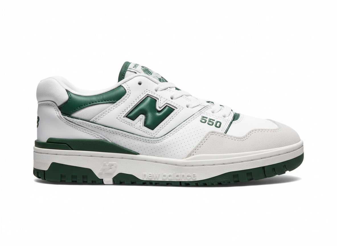 White and green sneaker with New Balance logo on a white background