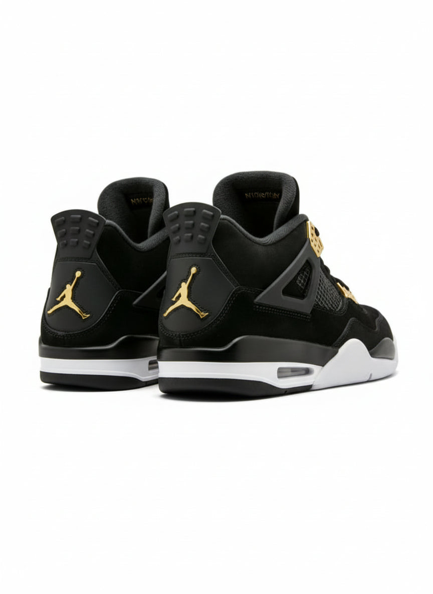 Black Jordan sneakers with yellow accents on a white background