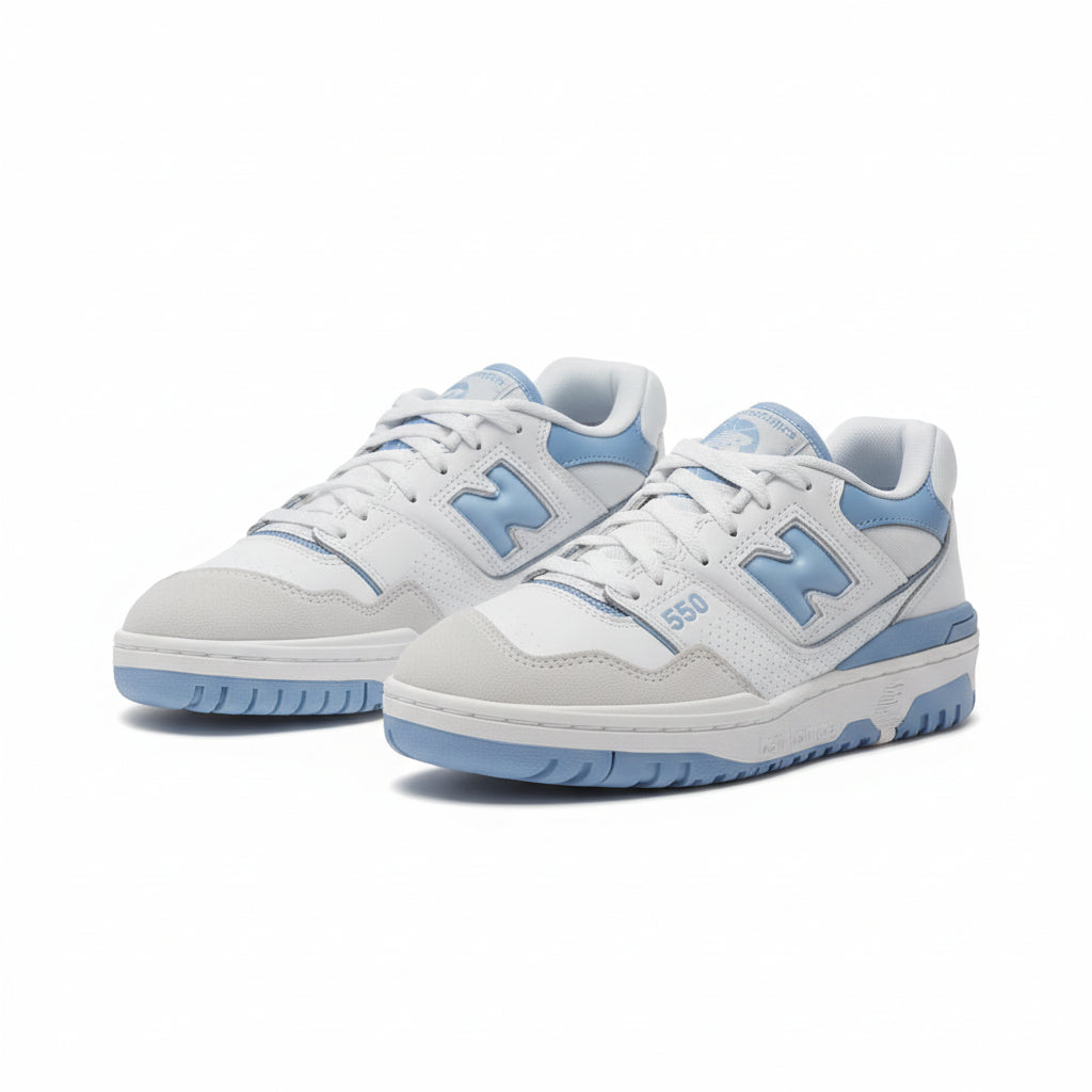 Pair of gray and blue sneakers on a white background