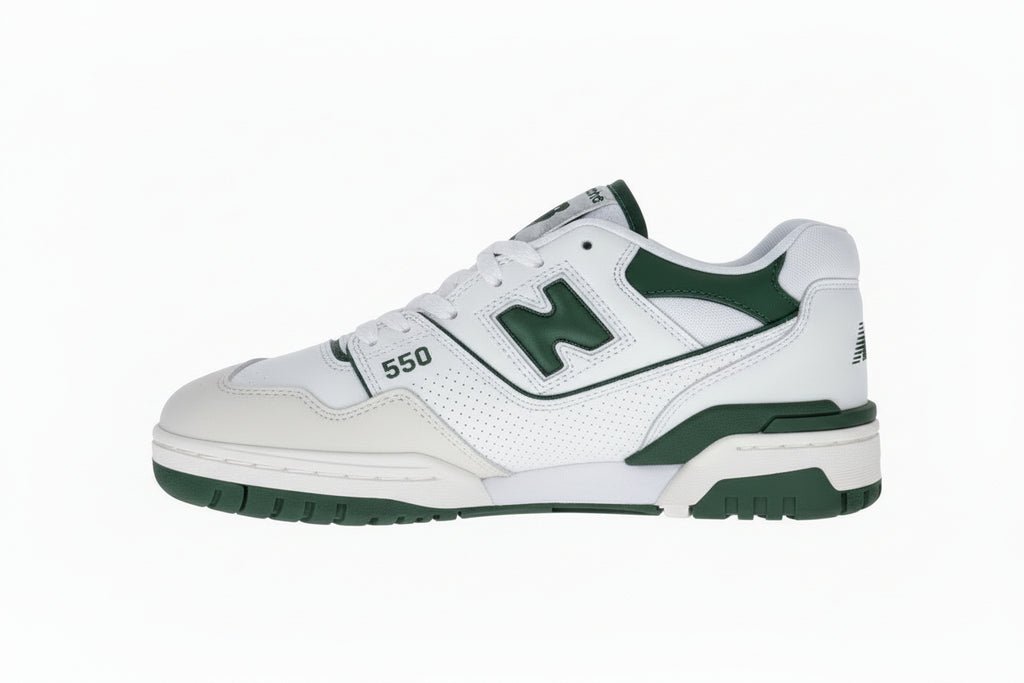 White sneakers with green accents on a black box against a blue background