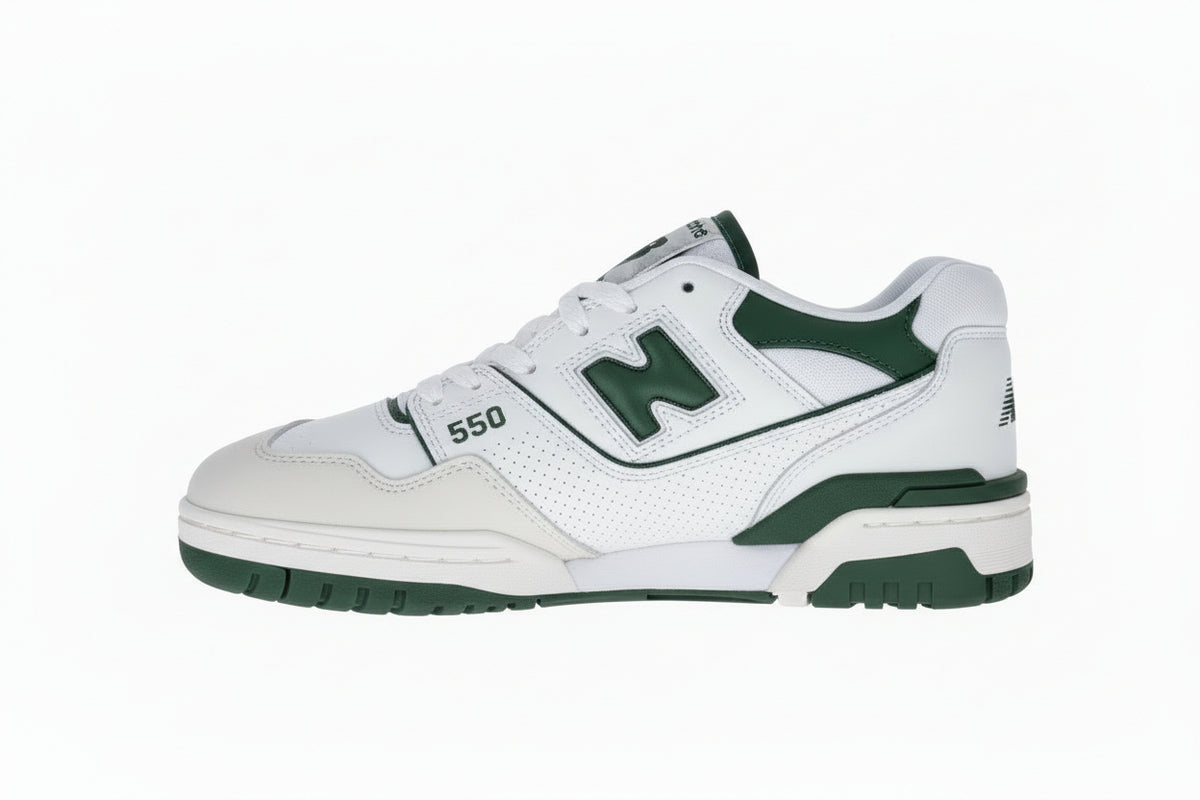 White sneakers with green accents on a black box against a blue background