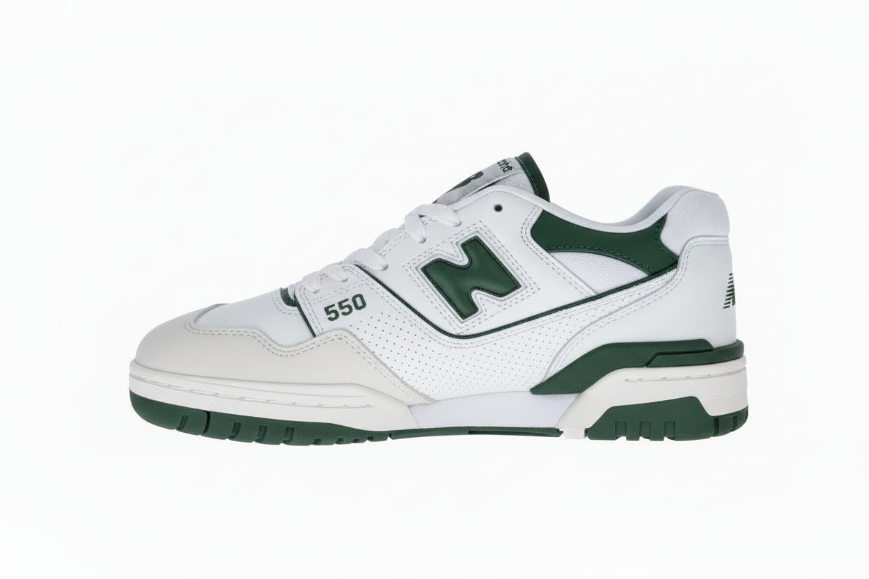 White sneakers with green accents on a black box against a blue background